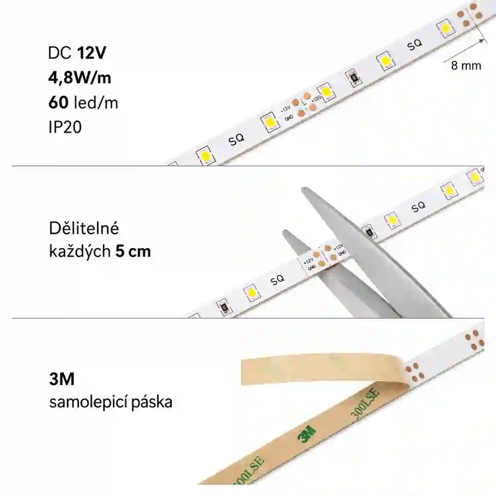Technický detail LED pásku 8mm s dělením každých 5cm